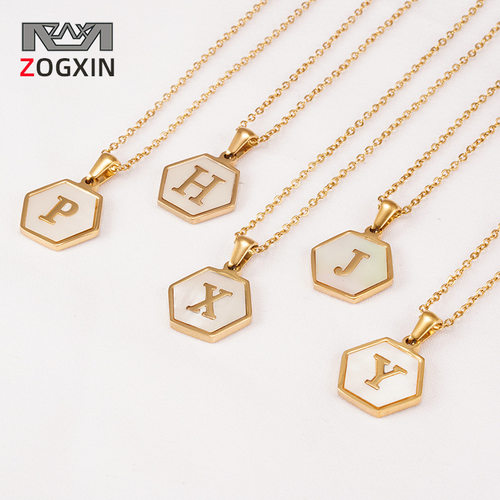 好货New titanium steel K gold hexagonal shell letter necklac
