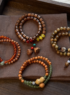 复古新中式绿檀木双圈佛珠手串