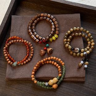 复古新中式绿檀木双圈佛珠手串国风玛瑙手持念珠盘文玩手链男女