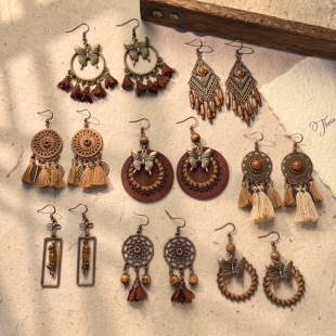 波西米亚复古蝴蝶流苏耳环新中式民族风咖色异域度假旅游拍照配饰