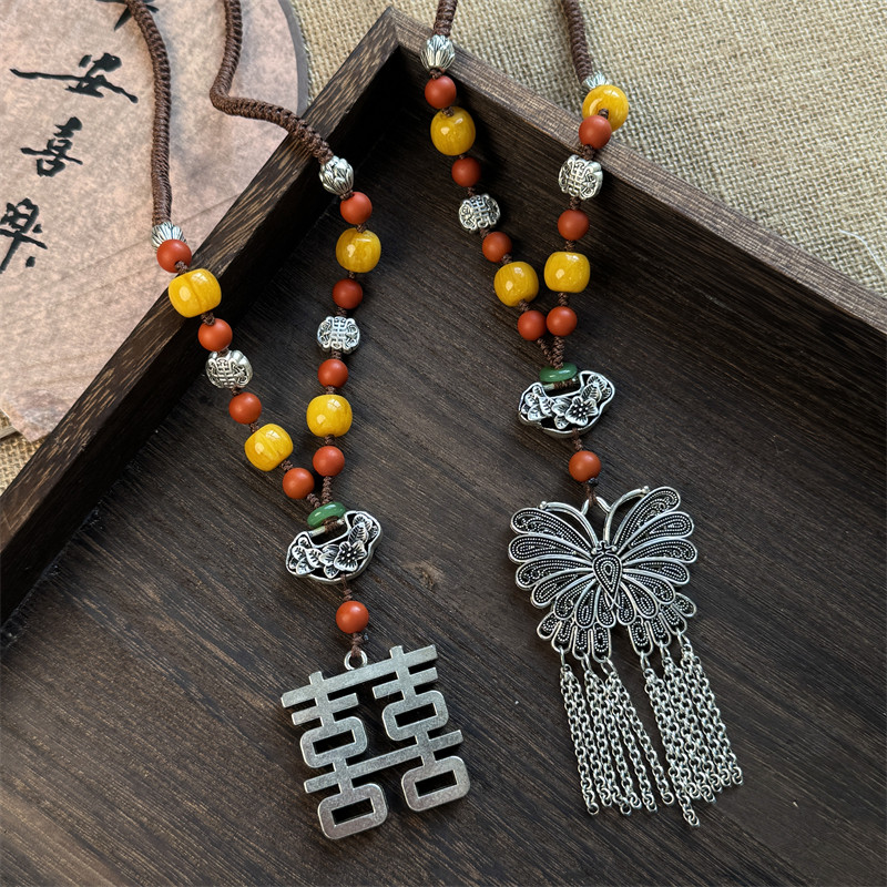 新中式复古手工编织蜜蜡串珠古银吊坠项链国风高级感旗袍古装配饰