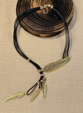 欧美波西米亚羽毛树叶镶钻项链