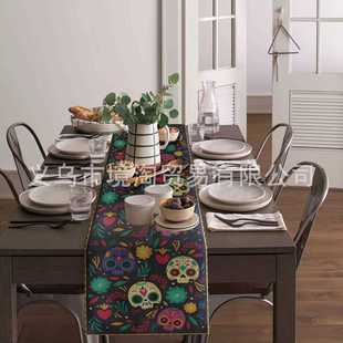 直销新款亚麻桌旗亡灵节节日居家装饰餐厅桌布桌垫台布茶旗墨西哥