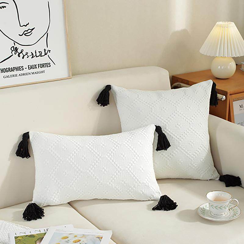 新款直销亚马逊北欧纯色简约纯棉编织几何菱形格子流苏腰枕舒适靠,居家布艺,抱枕被,淘宝优惠券,粉丝福利购,淘宝优惠卷