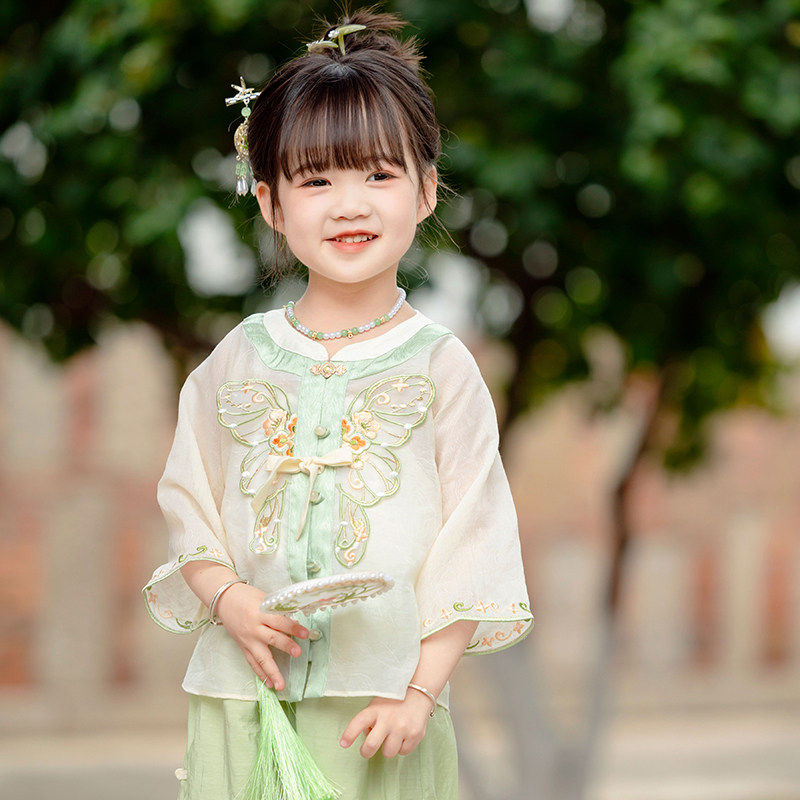【花茶】汉服女童夏装宝宝中国风浅绿蝴蝶裤子套装儿童改良唐装