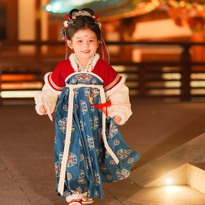 儿童汉服女童拜年服加绒加厚连衣裙古装演出服女孩唐装过年服喜庆