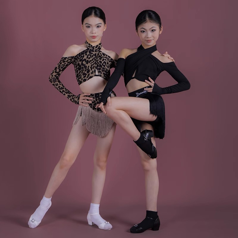 拉丁舞秋冬季艺考露肩豹纹流苏裙