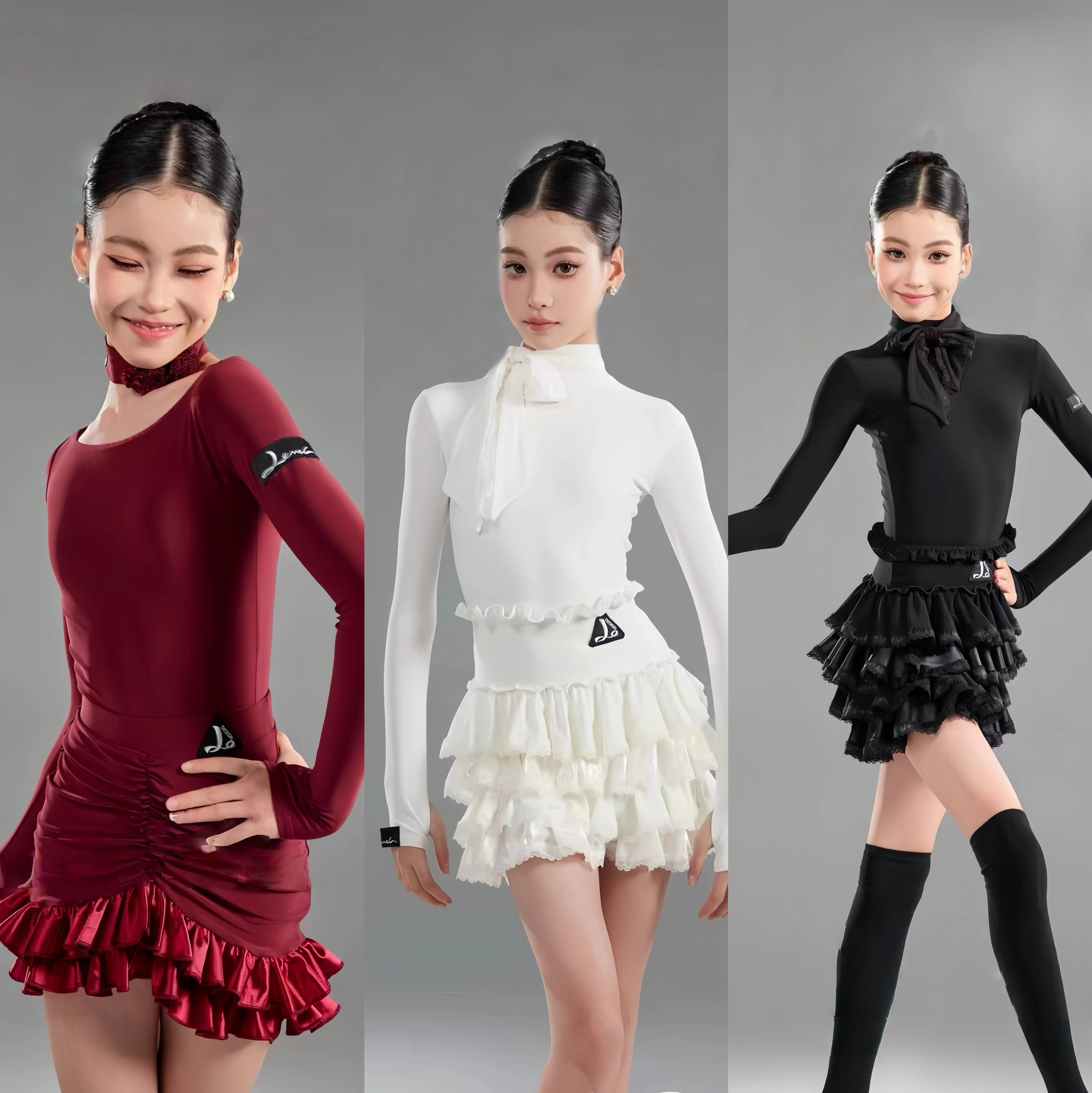 秋冬拉丁舞服女童长袖绑带蛋糕裙