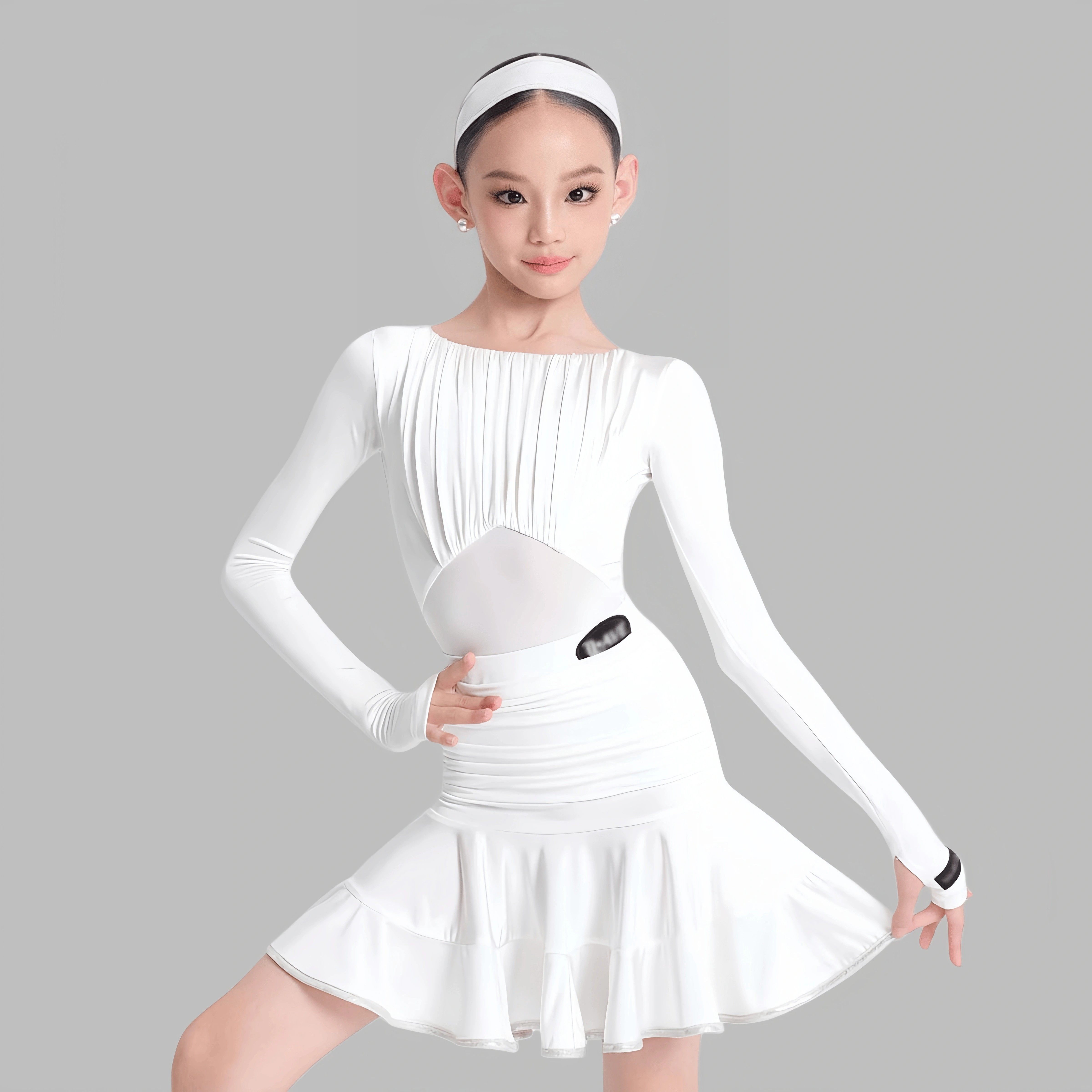 拉丁舞服女童冬长袖露背百褶短裙