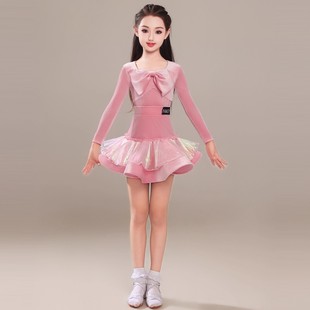 2026年新儿童拉丁舞服冬季蝴蝶结上衣闪光短裙跳舞练习服女童表演