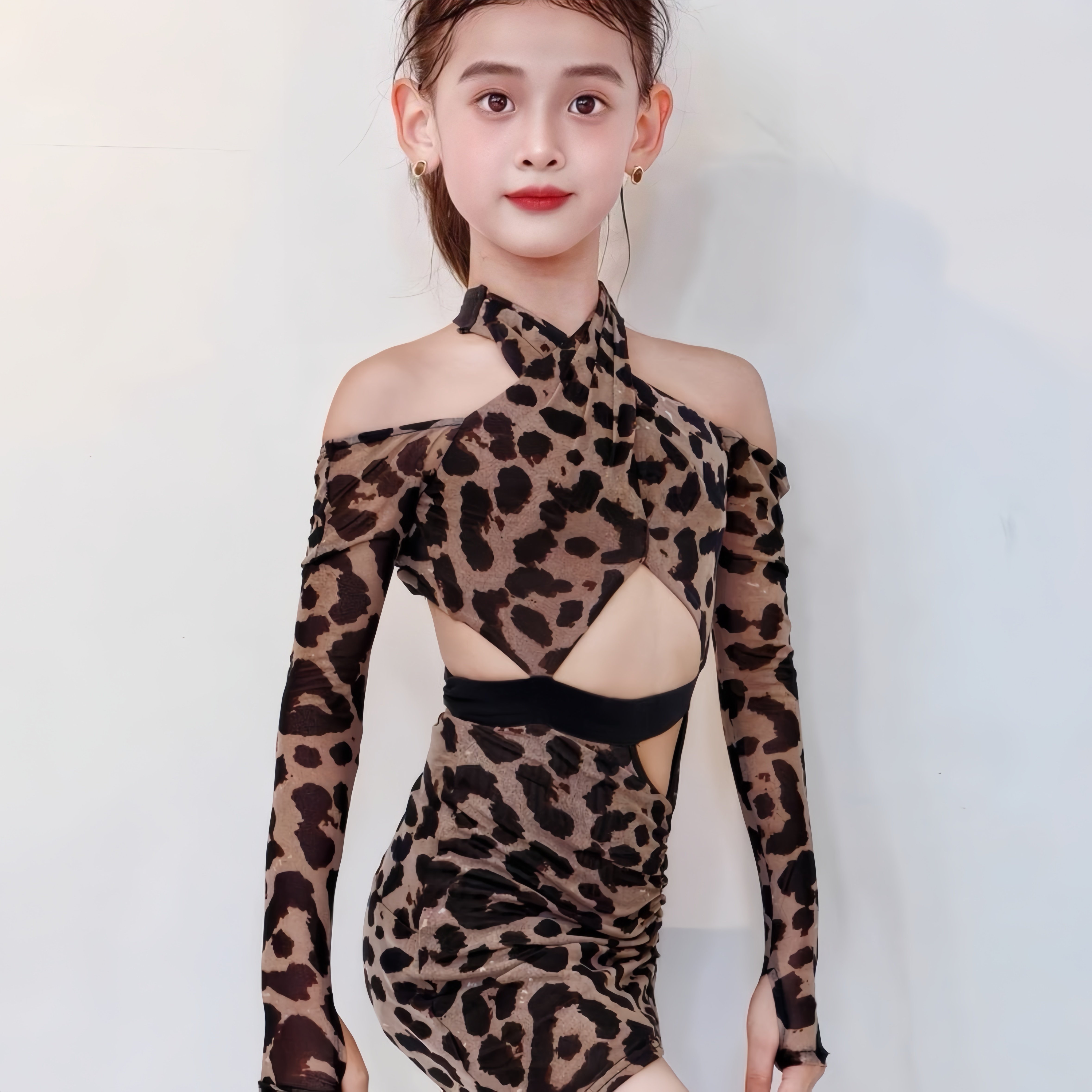 冬季新款拉丁舞服装女童豹纹套装