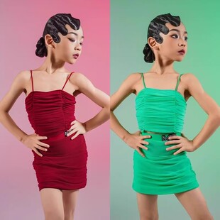 演出服MR同款女童拉丁舞服多巴胺吊带无袖分体褶皱半裙练功服套装