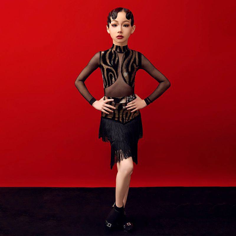 冬季拉丁舞服装女童套装分体苏裙