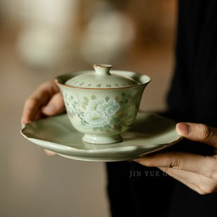 泡茶I碗复古三才小茶碗功夫茶 秘黄汝窑二才盖碗花鸟图不烫手中式