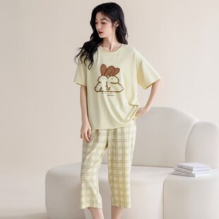 七分裤 睡衣全棉女夏季 女士短袖 莫代尔纯棉家居服A套装 夏天大码