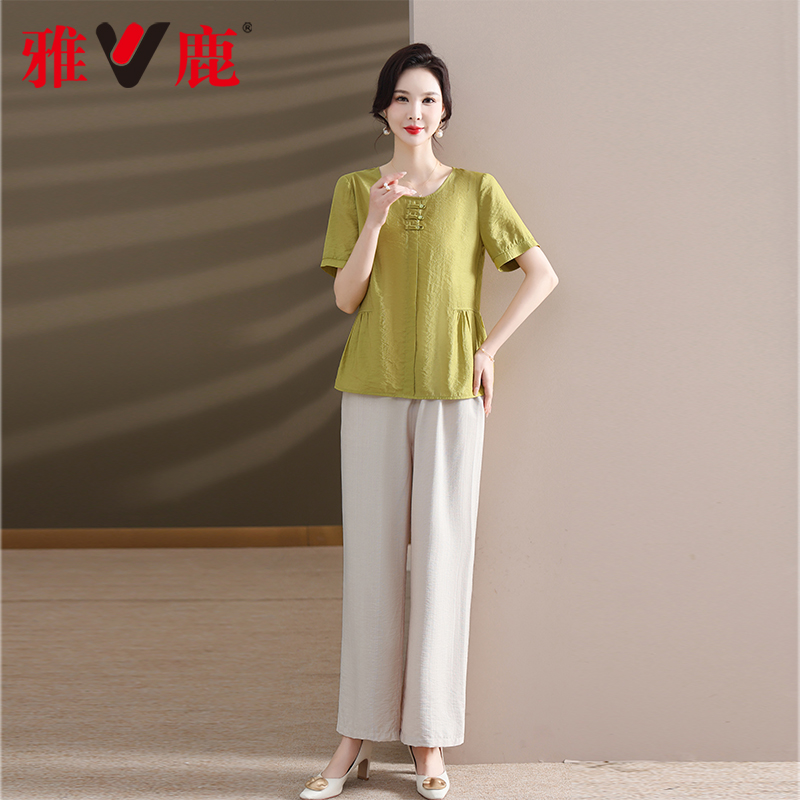 2025夏季新款文艺复古短袖T恤上衣长裤套装Y7211Z35530