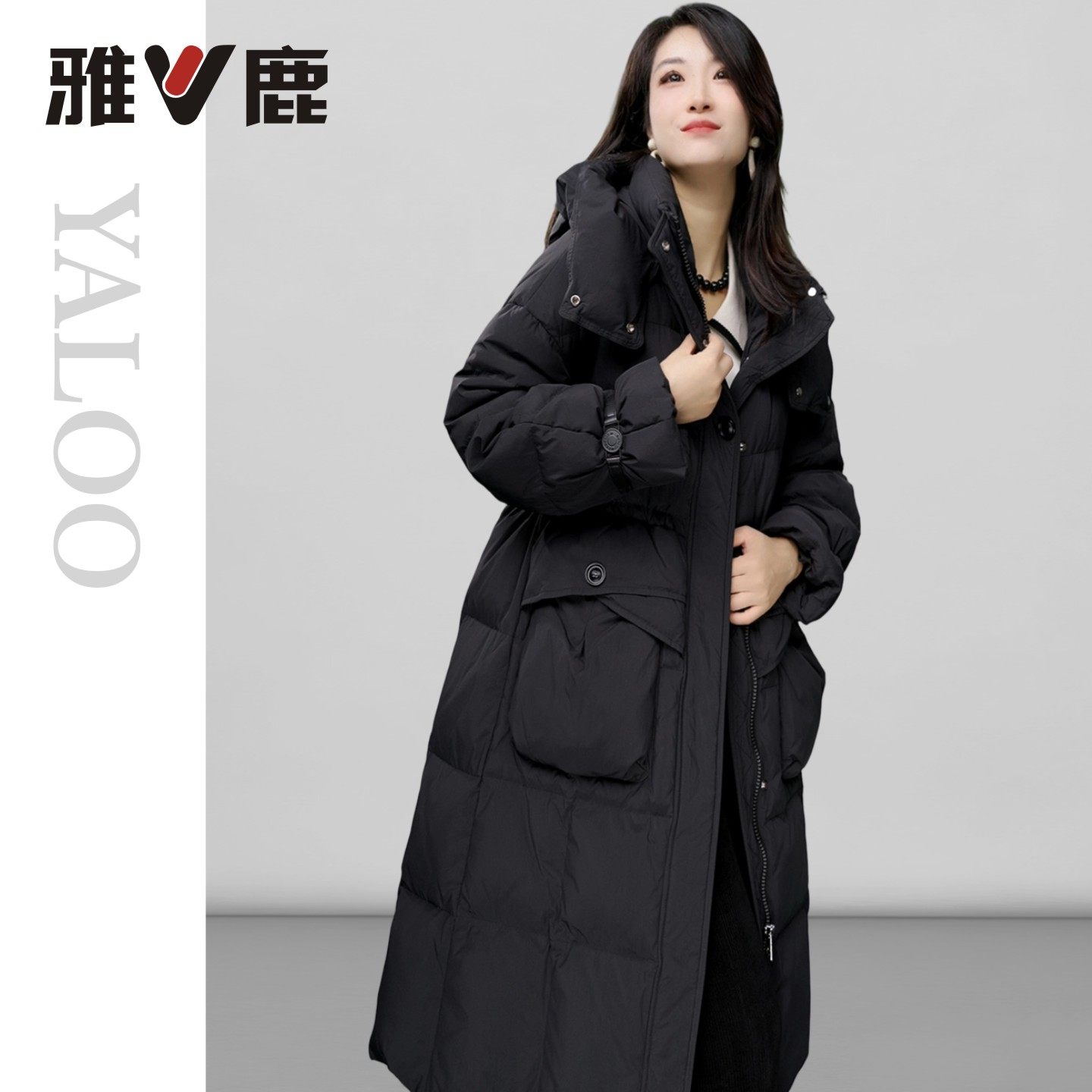 雅鹿官方正品新款秋冬季加厚加绒时尚保暖女黑色中长款羽绒服外套