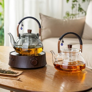 耐热玻璃木把提梁壶可电陶炉加热煮茶壶家用大容量茶水分离泡茶壶