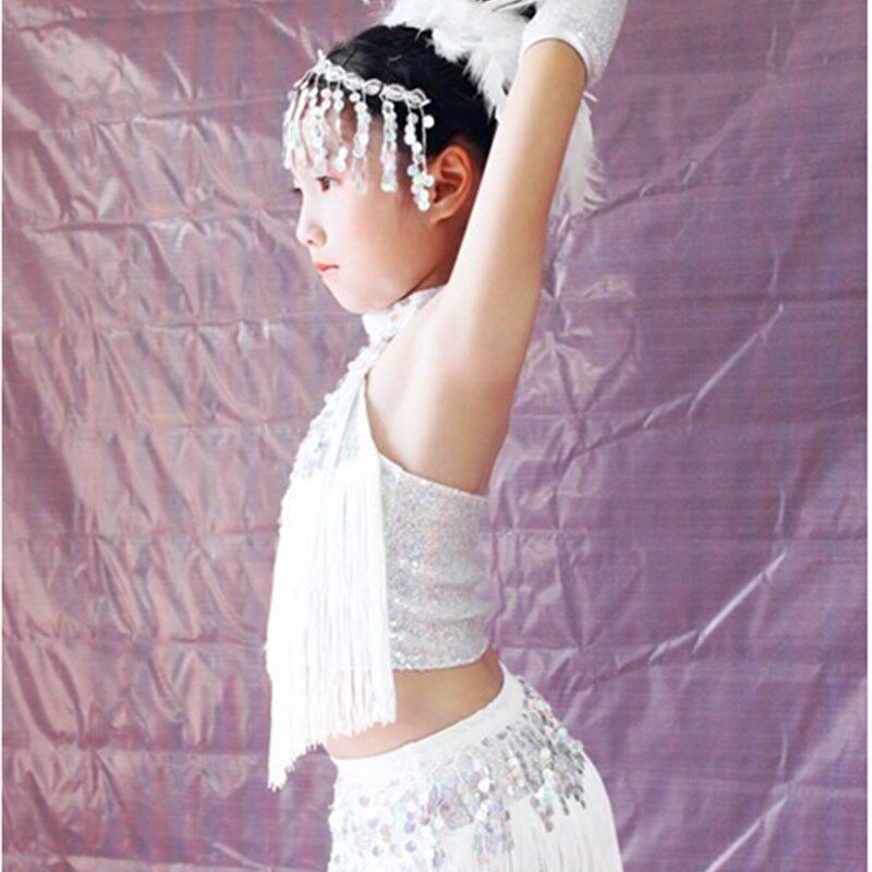 拉丁服装儿童夏流苏亮片拉丁少儿舞演出服女童拉丁白色表演舞蹈服