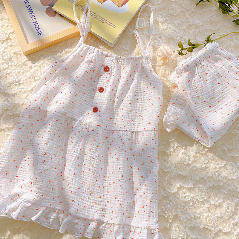 双层纱布睡衣女款夏季纯棉吊带短裤两件套甜美睡裙棉纱家居服套装