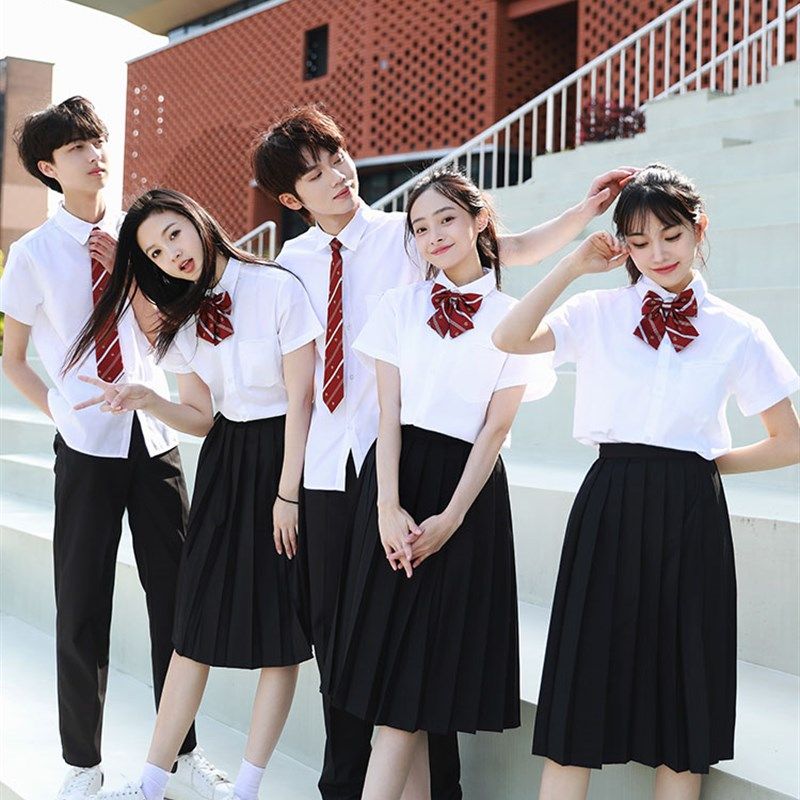 学院风短袖衬衫套装大码中长款半身长裙百褶裙jk制服班服学生女夏