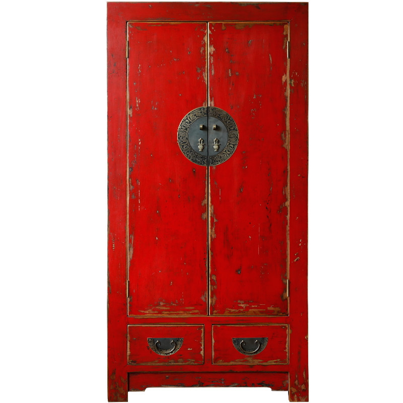 古朴彩漆新中式红色仿古做旧实木衣柜松木对开门整体卧室家具定制