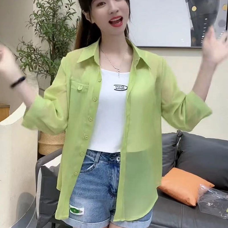 夏季薄款防晒衫外套女2024年新款纯色宽松百搭雪纺衬衫上衣女