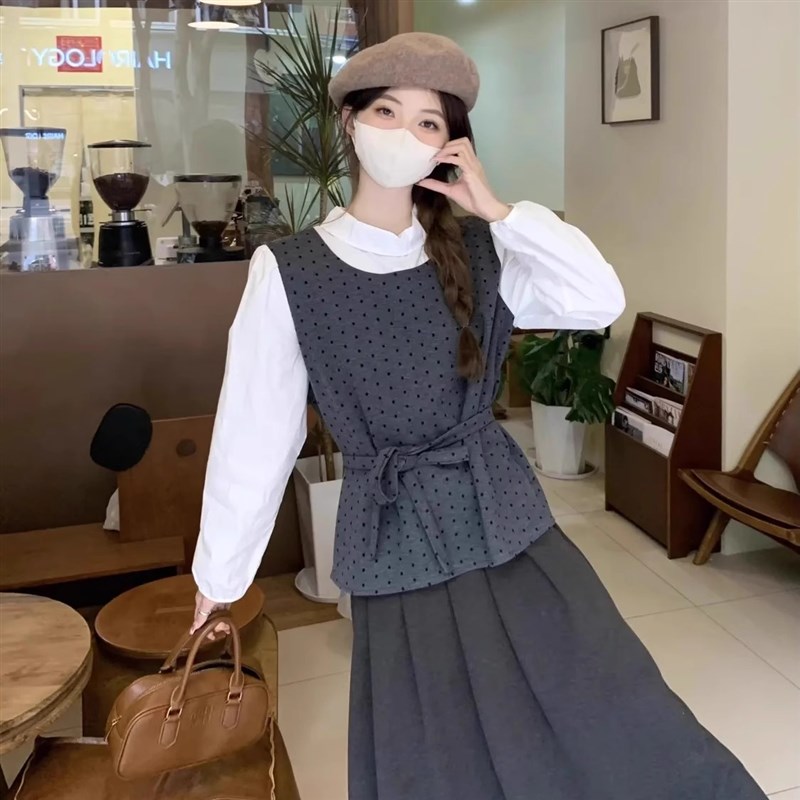 韩系一整套深冬穿搭女简约波点收腰假两件上衣搭配长裙子两件套装