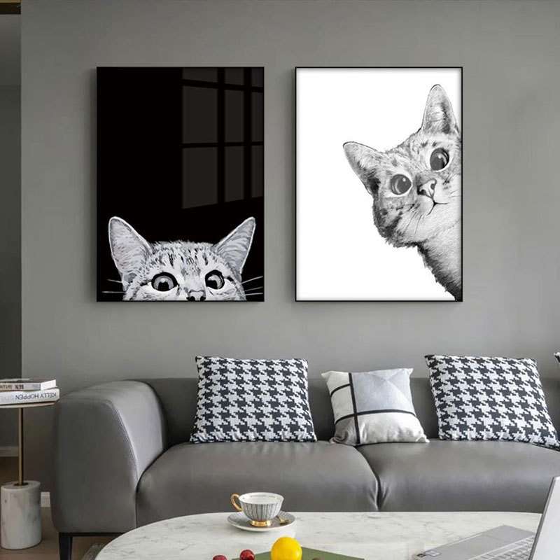 北欧风客厅沙发挂画猫咪创意动物装饰画现代简约餐厅房间床头壁画图片