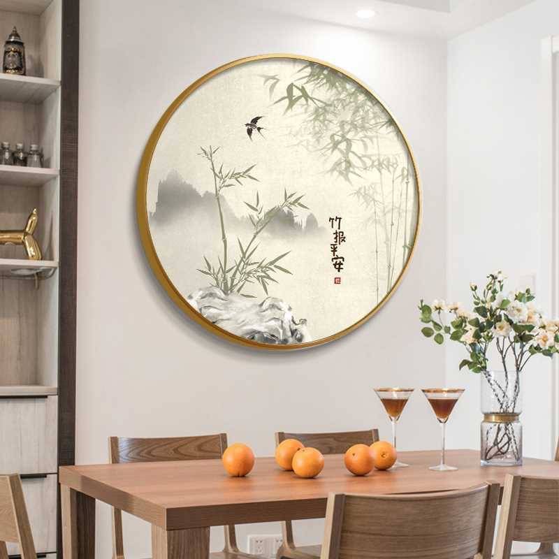 竹报平安餐厅装饰画国风意境圆形饭厅挂画新中式进门玄关柜壁画图片