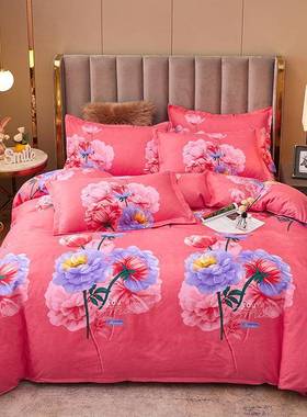 Q4F大红色纯棉加GVW厚床单被套E四套磨件毛双人六床中式婚庆件套