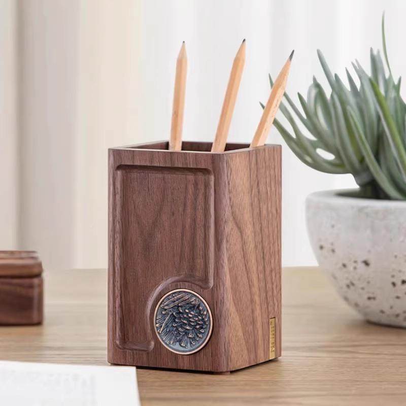 实木笔筒多能办公书房功桌面钢XXM收纳盒美式复古室中性颜色笔笔
