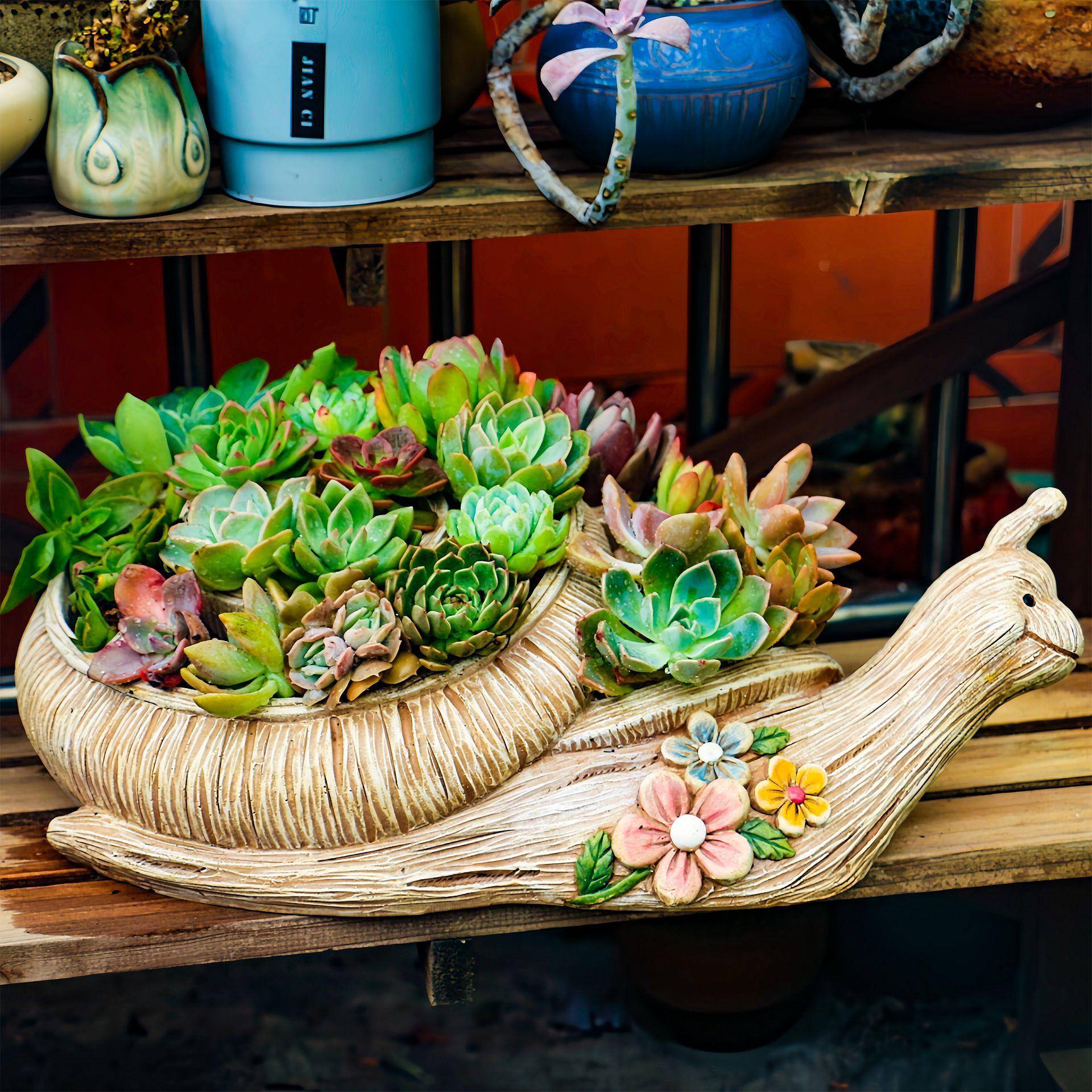 跨境外花园蜗花牛多户肉盆桌面创意花艺多肉树脂YAJ田园盆栽件摆