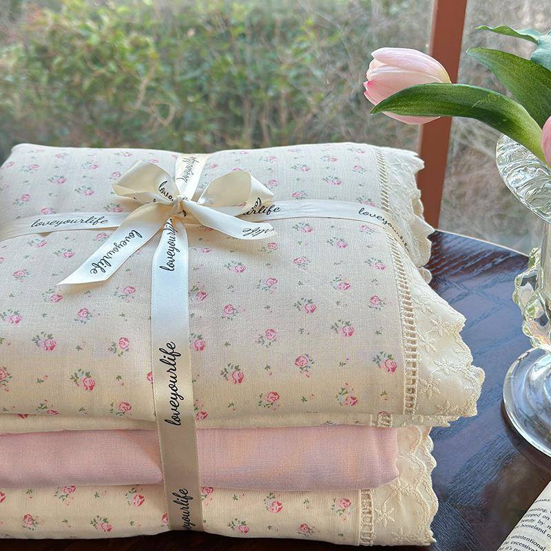 A类蕾丝花边棉双层纱四件三套小碎花1.5m纯VCM棉学宿舍全件生套被