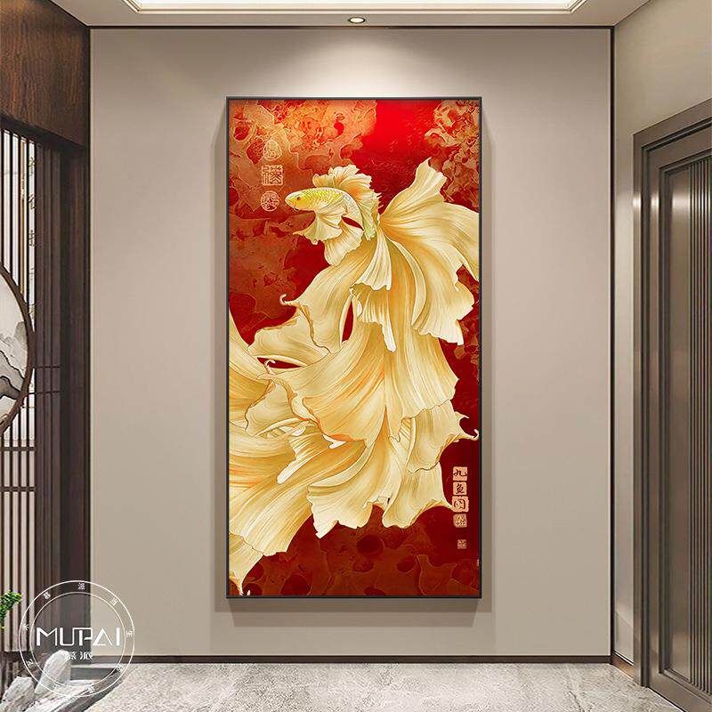 九入鱼图户正对UIZ门玄关装饰画壁画灯新中挂式客厅走意廊过道画