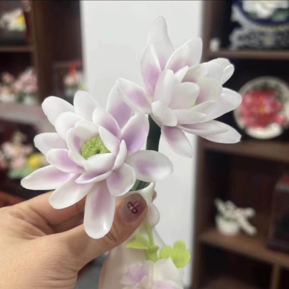 陶瓷特色手工YNF莲花荷花荷捏制叶蓬装饰花客莲厅摆件桌面摆件