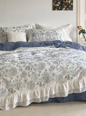 9O韩式复古风全棉W水洗棉床单四件EWP套花卉刺R绣纯棉被套小清新