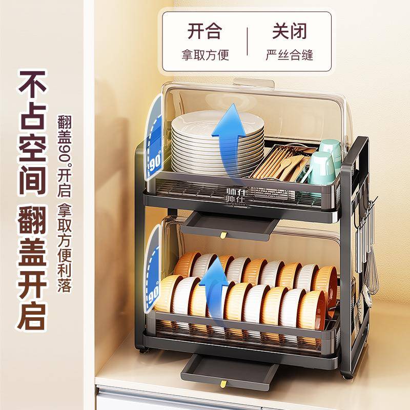 物防盒蟑螂带盖碗碟收纳家用台双面VFT层放餐具碗盘沥水碗柜置架