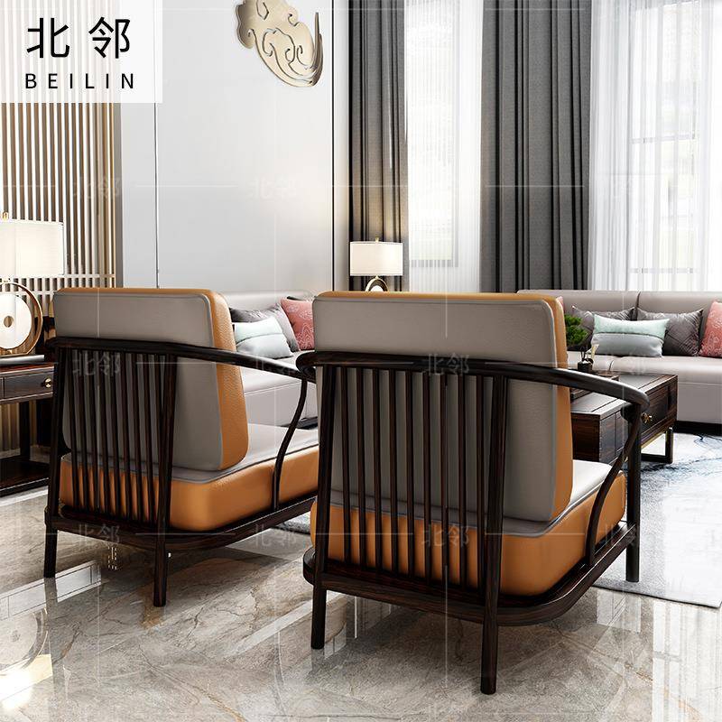 新中DUU式全木闲休椅厅卧室围椅现代皮沙发轻奢实客木单人椅靠背