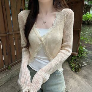 Lace Trim One Button Long Sleeve Crop Top Women Short Sleeve