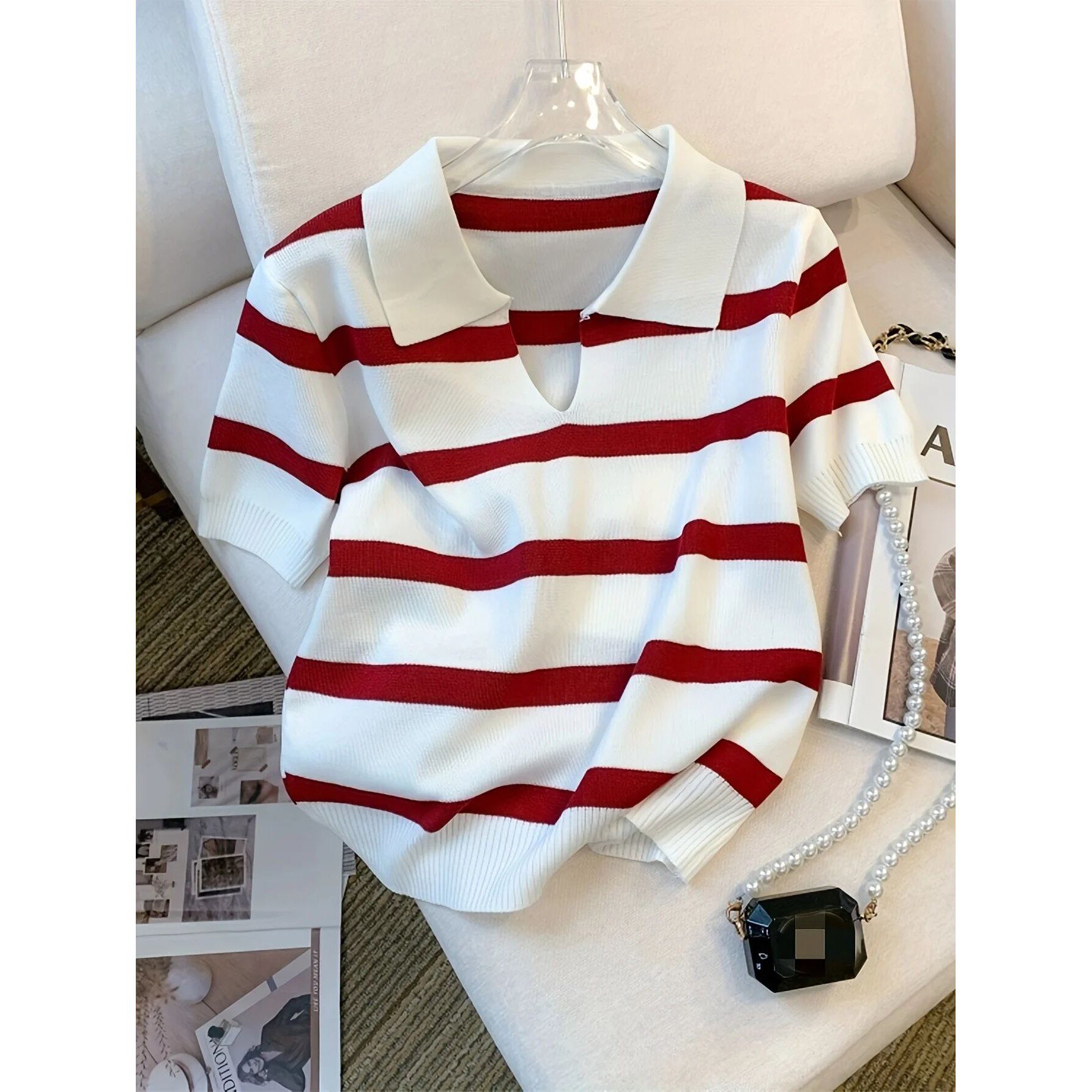 2025 New Striped Pattern Collared Sweater Versatile Short