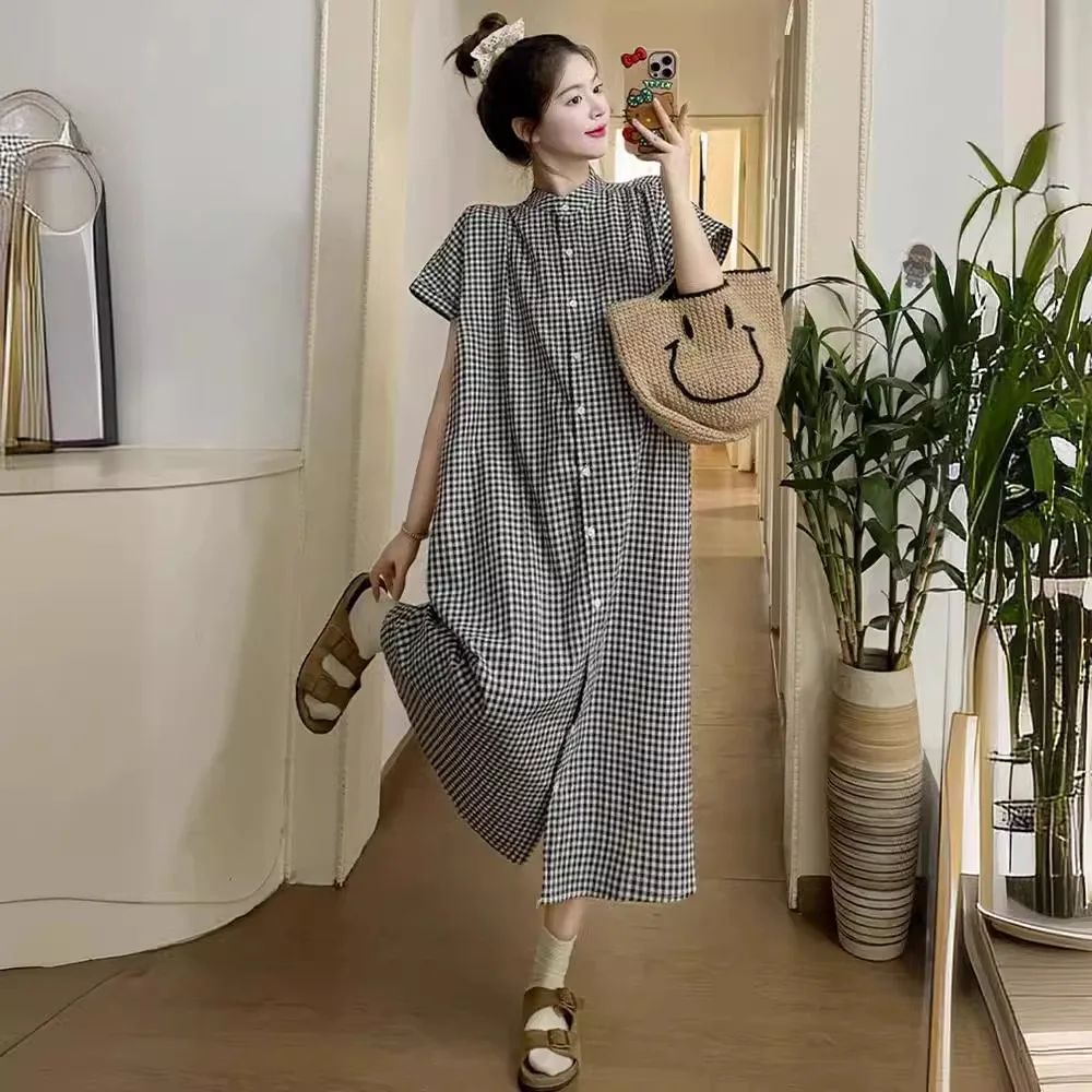 Maternity Summer New Short-Sleeved Cotton Dress Plaid Shirt图片
