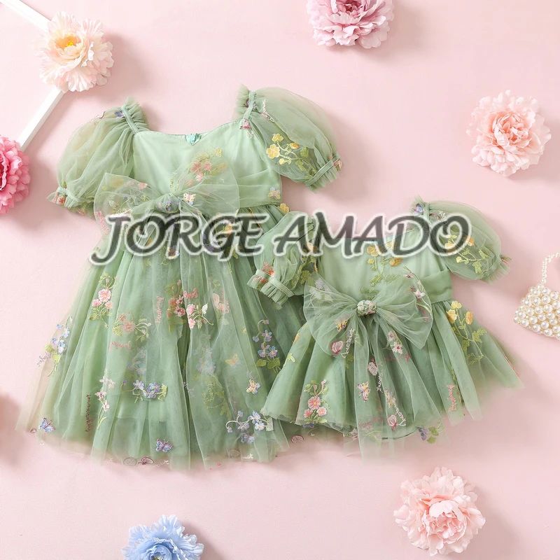 Sister Twins Matching Outfits Embroidery Short Puff Sleeves