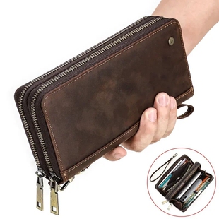 Men's long wallet with double zippers and wrist strap