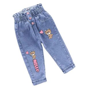 Toddler Girls Denim Pants, Plush Cartoon Baby Soft Jeans