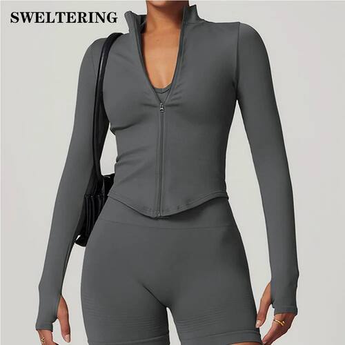 Zipper Jacket Women Crop Tops Yoga T-shirts Solid Sports Top