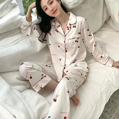 Ice Silk Pajamas Women's Long Sleeve Lace Premium Sense Two