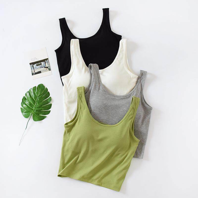 新款直销带胸垫短款背心女螺纹修身吊带文胸罩杯一体式内搭打底可