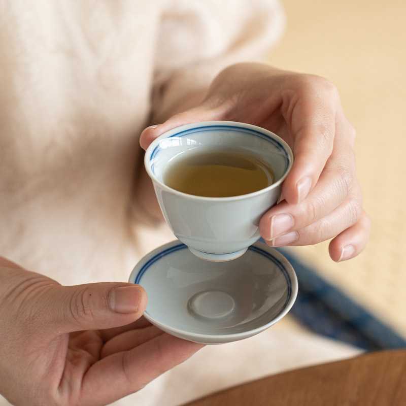 新款直销手绘仿古青瓷双线主人杯男女茶杯陶瓷家用单杯垫组小号文