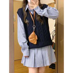 学院风两条纹长袖条纹衬衫连衣裙马甲背心针织早秋两件套